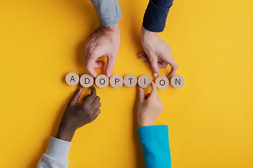 Michael A. Hankins Attorney at Law—Four different hands using small blocks to spell out “adoption” in Jacksonville, IL.
